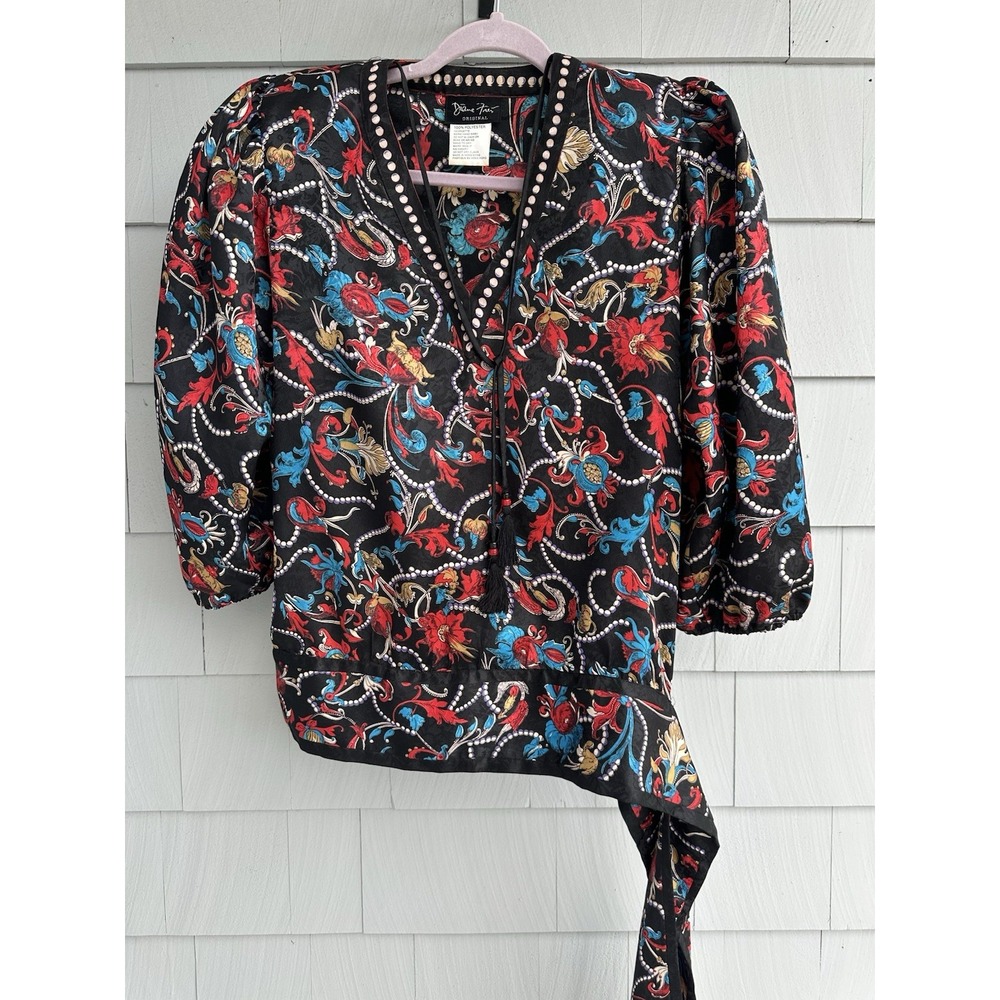 Vintage Diane Freis Blouse 1980s Floral Georgette Top Beaded Tie w/ Side Sash M